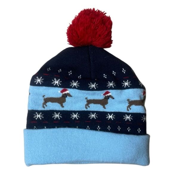 Dachshund Winter Beanie Hat - Red and Blue One Size - Picture 2 of 2